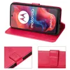 A collage of images showing a red flip phone case for a Motorola phone, with close-ups of its features. Produktbild-Vorschau