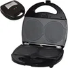 An open black waffle maker with two circular cooking plates inside each half. Produktbild-Vorschau