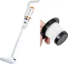 A white handheld vacuum cleaner is shown next to a close-up of its filter. Produktbild-Vorschau