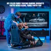 A father and son are playing a racing video game together on a simulator cockpit in a living room. Produktbild-Vorschau