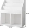 A white, multi-shelf bookcase for children's books, shown from the front with dimensions indicated. Podgląd zdjęcia produktu