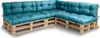 A sectional sofa made from wooden pallets with turquoise cushions. Produktbild-Vorschau