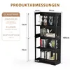 A black glass display cabinet with shelves and decorative items, with dimensions and specifications overlaid. Náhled obrázku produktu