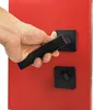 A hand is shown operating a black door handle on a red door. Produktbild-Vorschau