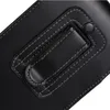 A close-up view of the back of a black leather phone holster, showing the stitching and a clip mechanism. Produktbild-Vorschau
