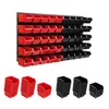 A wall-mounted storage system with red and black bins, and stacks of individual bins below. Náhled obrázku produktu