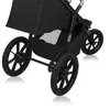 A close-up view of the wheels and lower frame of a black jogging stroller. Produktbild-Vorschau
