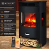 A black electric fireplace with a realistic flame effect, shown with a remote control and a smartphone displaying an app interface. Produktbild-Vorschau