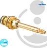 A brass valve stem with black O-rings, presented against a white and light gray background with circular graphic elements. A logo and a circular badge with product information are also visible. Produktbild-Vorschau