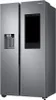 A silver Samsung side-by-side refrigerator with a large black screen on the right door. Produktbild-Vorschau