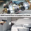 A split image showing a detailed internal view of a motor and a person using a pressure washer to clean a car. Produktbild-Vorschau