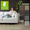 A woman relaxing on a white sofa in a room with dark vertical wall panels and a plant. The image also displays color options for wall panels. Produktbild-Vorschau