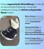 An ergonomic seat cushion on a sofa, with descriptive text about its features. Produktbild-Vorschau