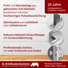 A marketing image showcasing features of a stainless steel mailbox stand system. Produktbild-Vorschau
