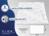 A white quilted blanket is shown with marketing text and icons. Produktbild-Vorschau