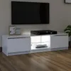 A modern white TV stand with LED lighting, featuring a large black TV mounted above it. The stand has compartments for media devices and storage. Produktbild-Vorschau
