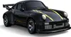 A black remote control drift car with yellow racing stripes and checkered accents, shown from a three-quarter front angle on a white background. Produktbild-Vorschau