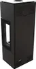 A black freestanding fireplace with a glass window on a white background. Produktbild-Vorschau