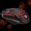 A gaming mouse with red lighting and lightning bolt graphics, set against a black background with abstract swirling graphics. Podgląd zdjęcia produktu