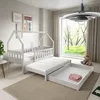 A child's bedroom with a white house-shaped bed and a pull-out trundle bed. Produktbild-Vorschau