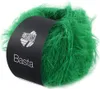 A ball of green fuzzy yarn with a black label. Produktbild-Vorschau