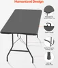 A black folding table with its features highlighted by text and callouts. Produktbild-Vorschau