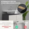 A collage showing a wall-mounted washbasin cabinet, with close-ups on dimensions and compatibility information. Produktbild-Vorschau