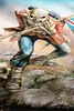 An illustration of a skeletal figure in a red military uniform holding a flag and a rifle, charging forward on rocky terrain. Produktbild-Vorschau