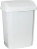 A white plastic trash can with a swing lid. Produktbild-Vorschau