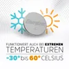 A coin cell battery is shown with icons representing cold and heat, indicating its ability to function in extreme temperatures. Anteprima dell’immagine prodotto