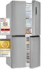 A collage of a silver refrigerator with various award badges and marketing text. Produktbild-Vorschau