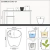 Diagrams and illustrations showing dimensions, water capacity, soil capacity, and plant growth for a LECHUZA® Pflanzgefäße CLASSICO Color 21 Weiß seidenmatt All-in-One planter. Voir les images du produit
