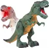 Two toy dinosaurs are shown against a white background. The dinosaur in the foreground is green and yellow, while the dinosaur in the background is brown and has red lights in its eyes. Produktbild-Vorschau