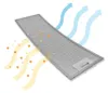 A metal filter for a range hood, showing airflow and particles being filtered. Produktbild-Vorschau