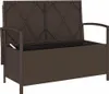 A brown poly rattan storage bench with the lid open, revealing a black interior. Produktbild-Vorschau