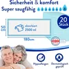 Marketing image showing incontinence pads with dimensions, absorption capacity, and a stack of pads. It also features a happy elderly couple and quality seals. Produktbild-Vorschau