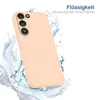 A peach-colored phone case is shown with water splashing around it, suggesting water resistance. Produktbild-Vorschau