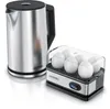 A stainless steel electric kettle and a six-egg electric egg cooker are displayed together on a white background. Voir les images du produit