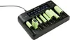 A black battery charger with multiple batteries inserted, placed on a white background. Produktbild-Vorschau