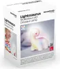 A product box for a multicolor LED dinosaur lamp, showing a child and the lamp itself. Voir les images du produit