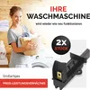 A woman is holding a laundry basket in front of a washing machine, with a product image in the foreground. Produktbild-Vorschau