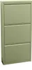A tall, narrow, three-door metal shoe cabinet in a muted green color. Anteprima dell’immagine prodotto