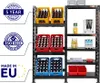 A black metal shelving unit filled with crates of beer bottles, with various certifications and labels on the left side. Produktbild-Vorschau