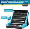 A blue and black tool case filled with various bits and tools, shown open and standing up like a tablet. Voir les images du produit