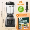 A product shot of a blender with accompanying marketing text and graphics, including dimensions and a recipe book. Produktbild-Vorschau