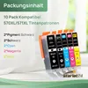 A collection of ink cartridges arranged in a holder, with text overlay describing the product. Produktbild-Vorschau