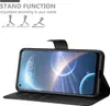 A black flip case for a smartphone is shown in an open position, displaying the phone's screen. The case has a stand function and a magnetic closure. Above the case, there are illustrations demonstrating the stand function. Náhled obrázku produktu