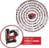 A collage of Einhell power tools arranged in concentric circles around a central battery, with a close-up of a nail gun in the foreground. Produktbild-Vorschau