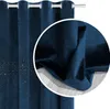 A close-up view of a navy blue velvet curtain with a scattering of small, shiny crystals near the bottom edge. A magnified section shows the texture and drape of the fabric. Podgląd zdjęcia produktu