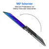 A laptop is shown open, with its screen displaying a colorful abstract image. A curved arrow indicates the 180-degree hinge functionality. Produktbild-Vorschau